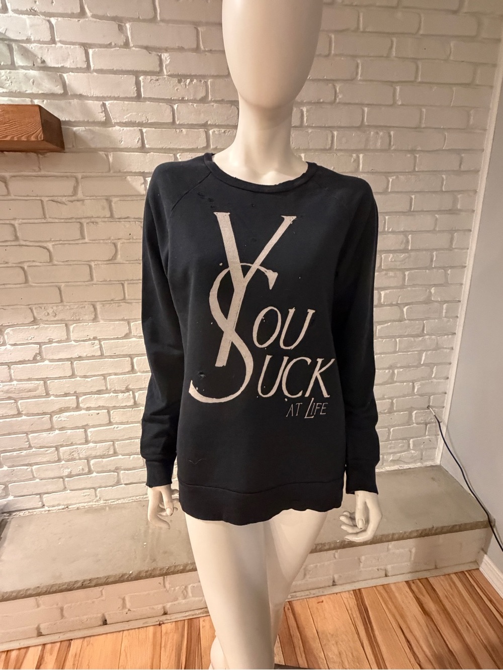 UNIF “You Suck at Life” Distressed Graphic Sweatshirt Black Size S NWOT - Picture 5 of 16
